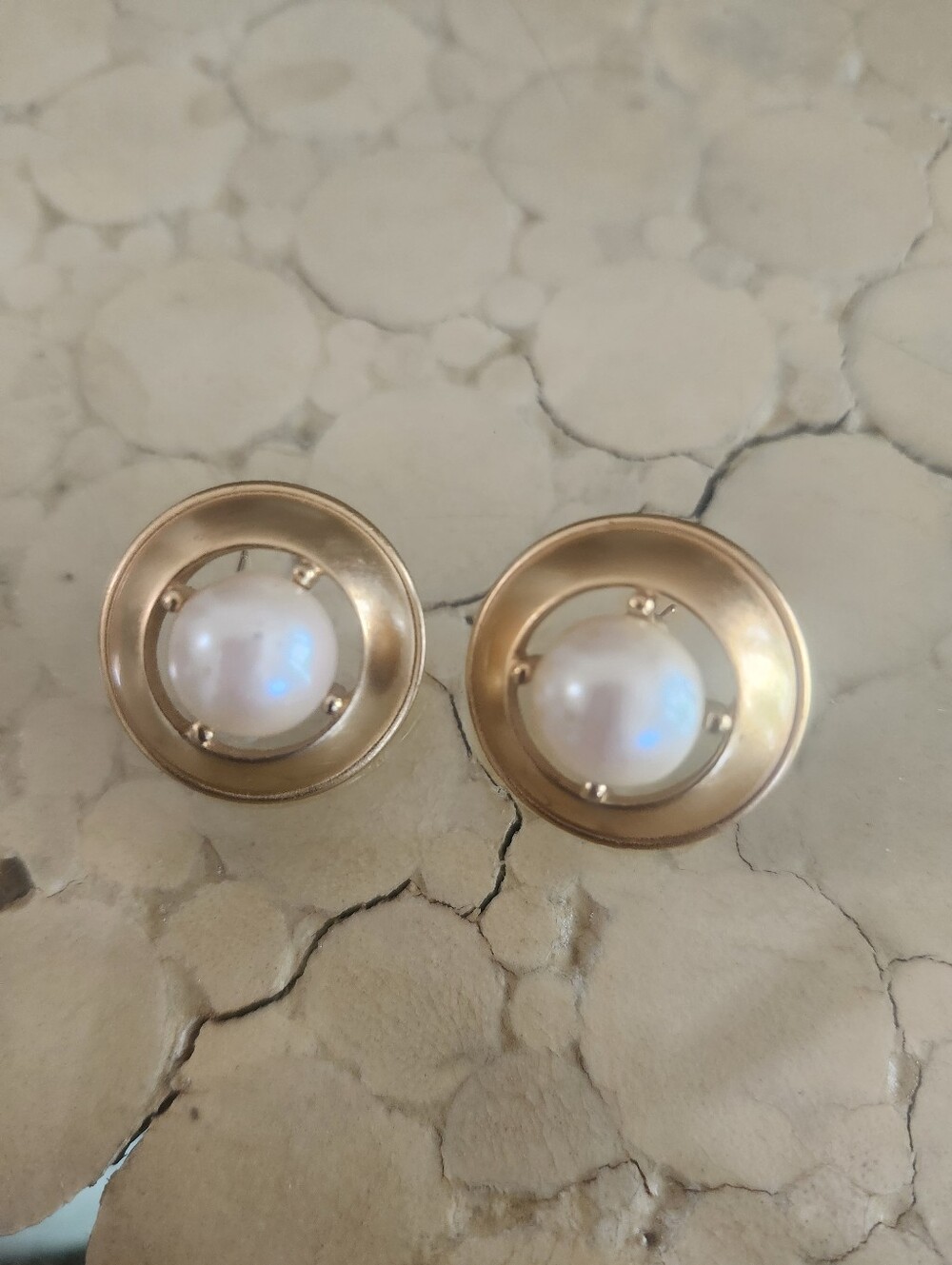 Monet Gold Tone Pearl Center Round Stud Earrings